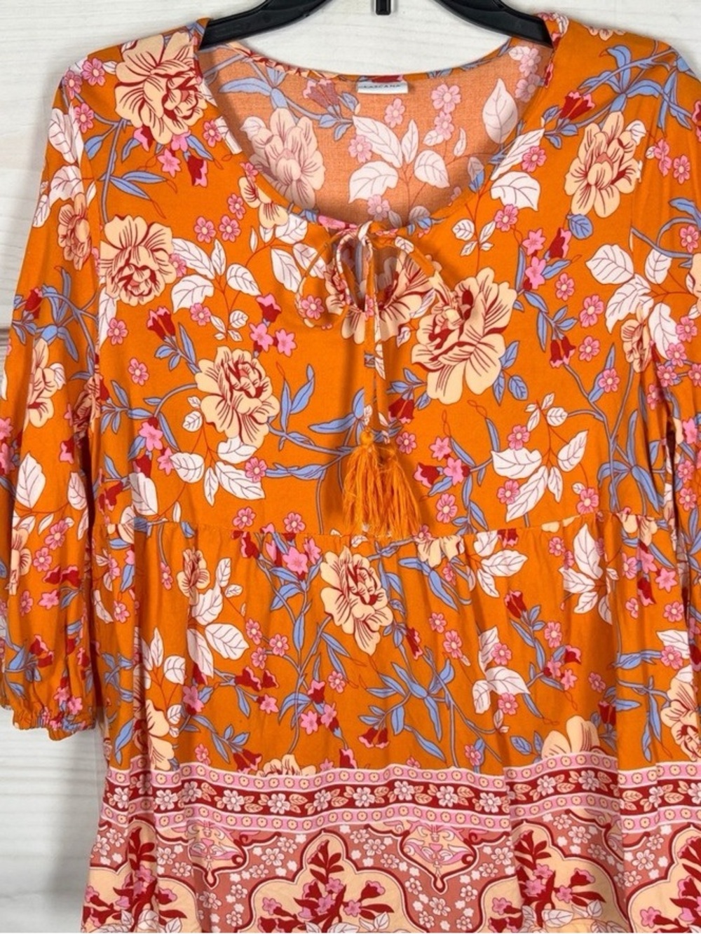 Women's Orange Floral Tassel Tie Peasant Top